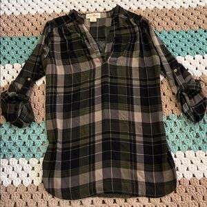 Olive Green Black Plaid Long Tunic Lace Back Top Shirt Blouse Womans sz Small